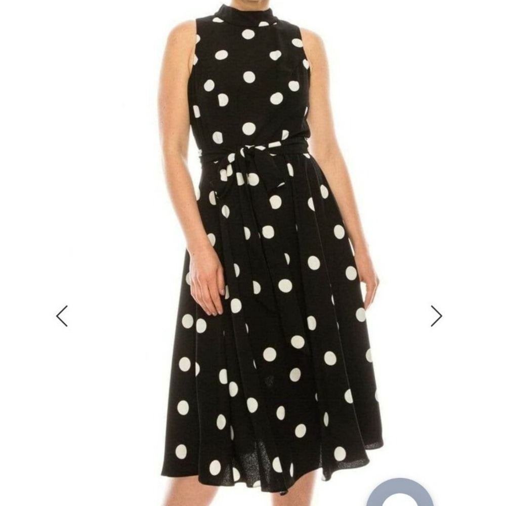 SLNY‎ Dress Womens High Neck Midi Belted Polka Dot Black 12 Fit Flare Sleeveless